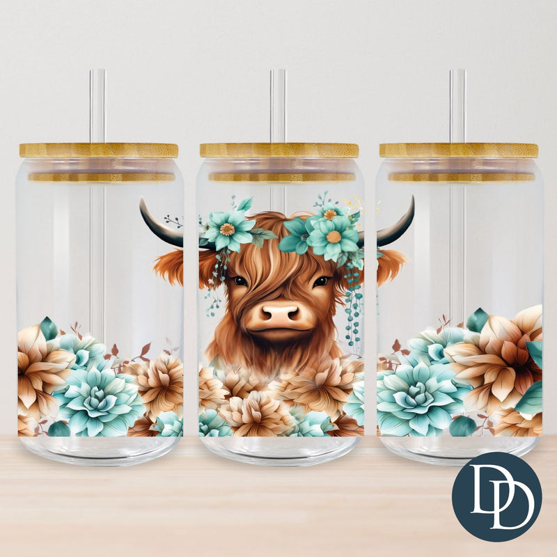 Teal Floral Highland Cow UV DTF Cup Wrap