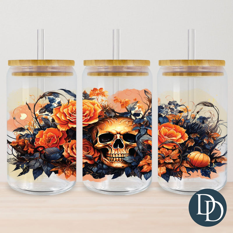 Dark Fall Floral Skull UV DTF Cup Wrap