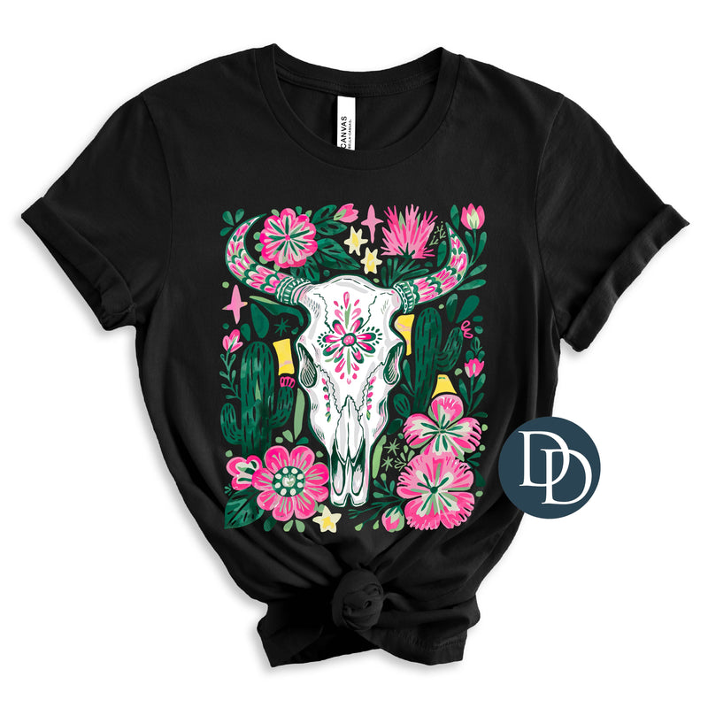 OVERSIZED Boho Pink Green Cow Skull *DTF Transfer*