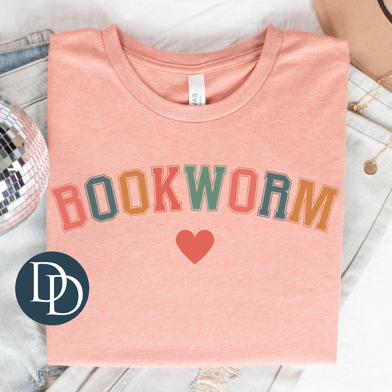 Bookworm Multi Colored Curved Heart *DTF Transfer*