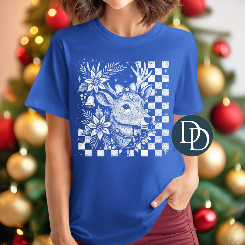 Checkered Christmas Poinsettia Deer *DTF Transfer*