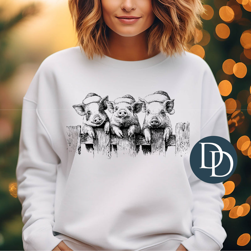 Christmas Pig Trio (Black Ink) *Screen Print Transfer*