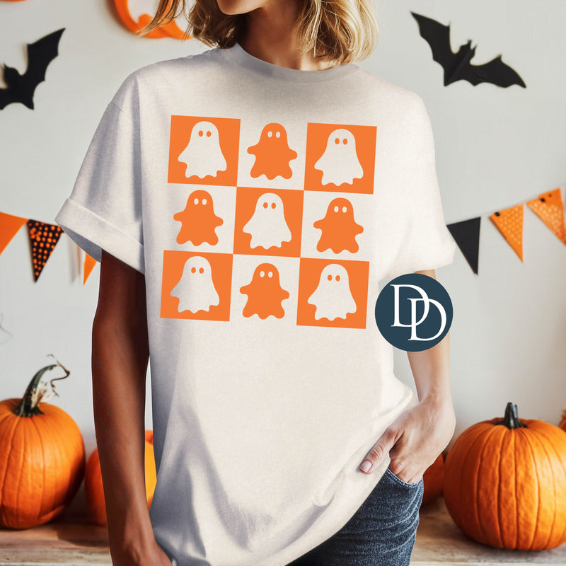 Cute Ghost Checkerboard (Bright Orange Ink) *Screen Print Transfer*