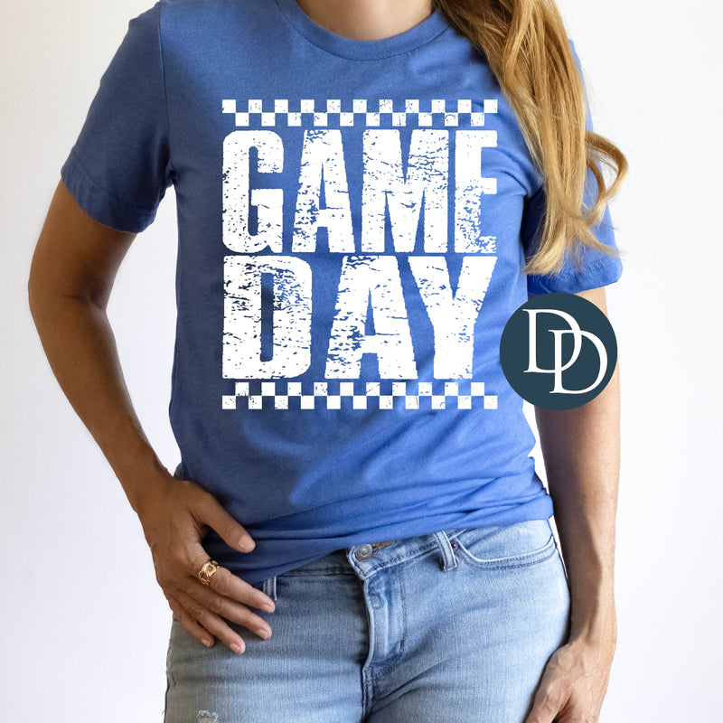 Game Day Distressed Checkered White Ink *DTF Transfer*