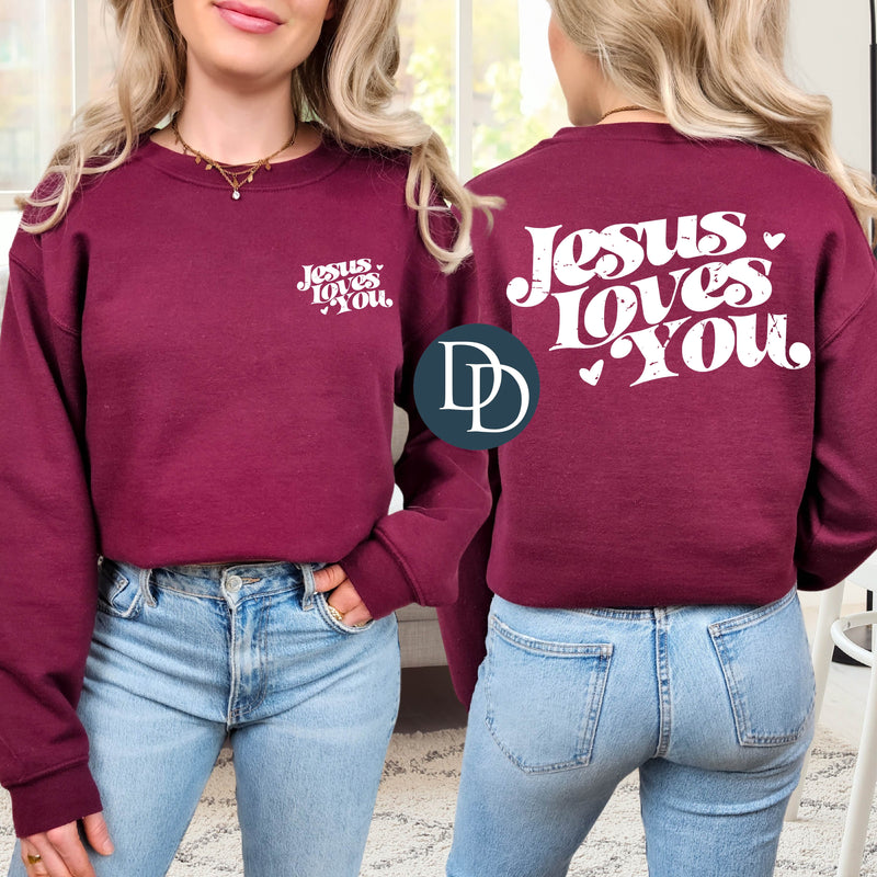 OVERSIZED Grunge Jesus Loves You With Pocket Accent (White Ink) *Screen Print Transfer*