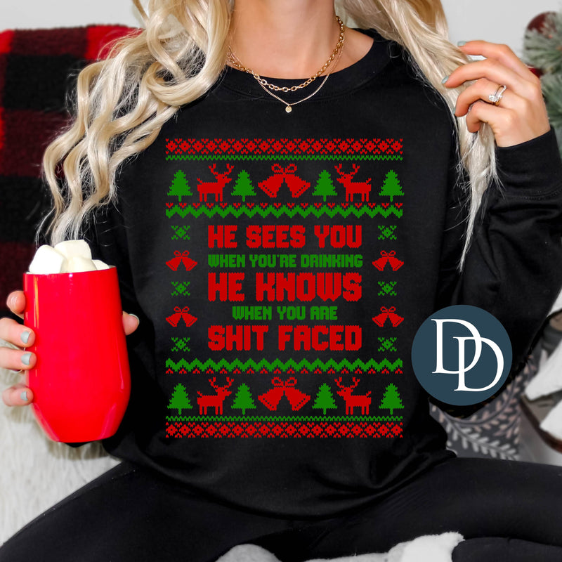 OVERSIZED He Sees You When You're Drinking Ugly Christmas Sweater *DTF Transfer*