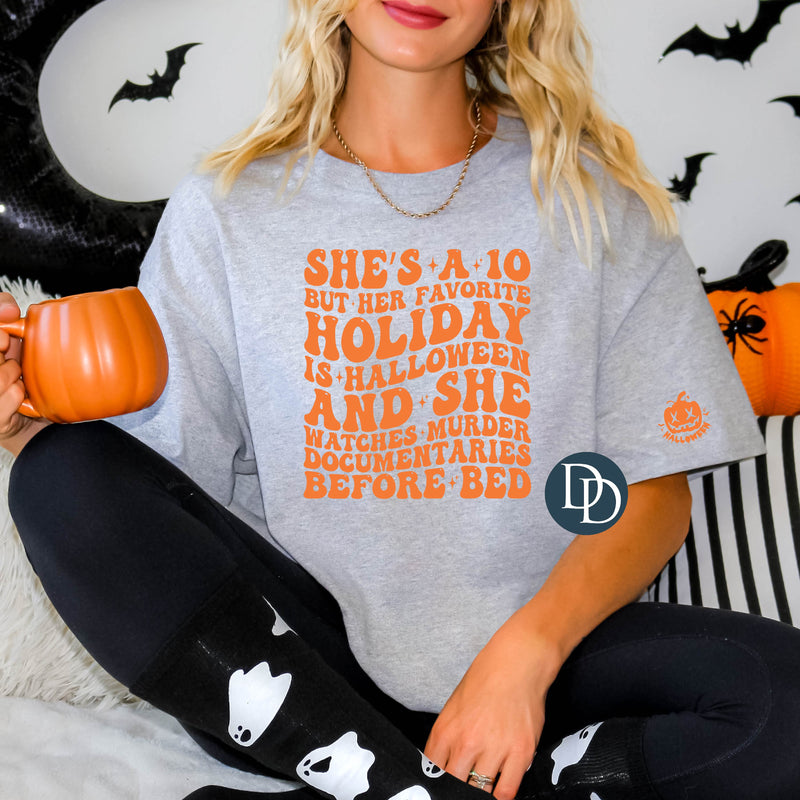 Her Favorite Holiday Is Halloween With Mini Accent (Bright Orange Ink) *Screen Print Transfer*