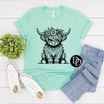 Cute Highland Cow Floral Crown (Black Ink)  *Screen Print Transfer