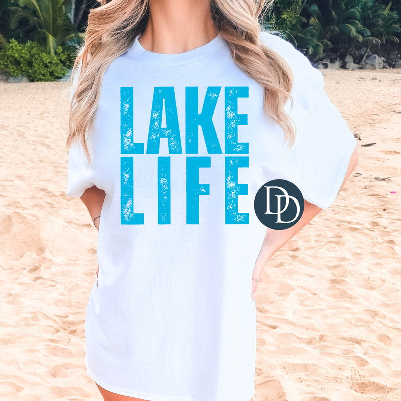 Lake Life Distressed Block (Bright Blue Ink) *Screen Print Transfer*