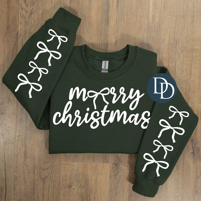 Merry Christmas Bows With Sleeve Accents (White Ink) *Screen Print Transfer*