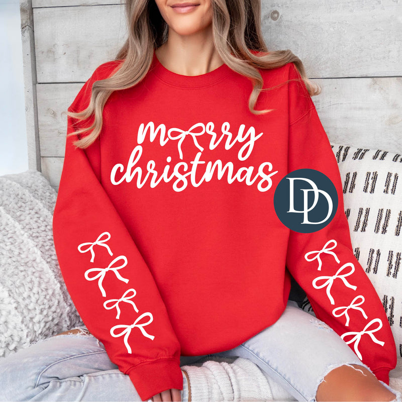 Merry Christmas Bows With Sleeve Accents (White Ink) *Screen Print Transfer*
