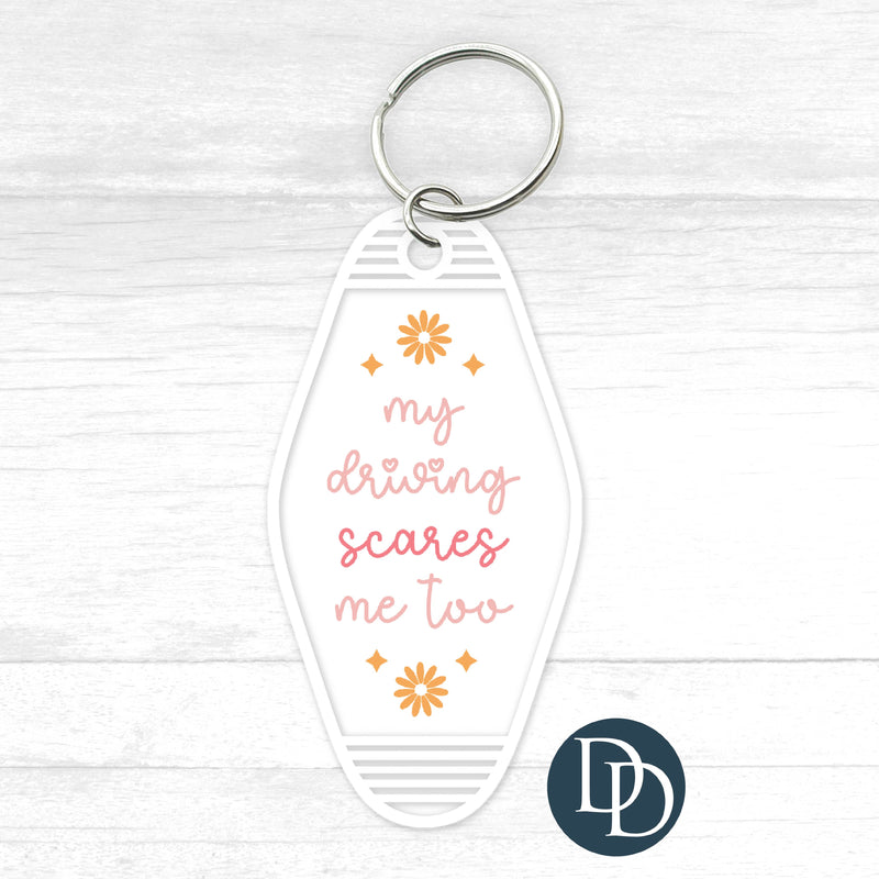 My Driving Scares Me Too Motel Keychain UV DTF Decal