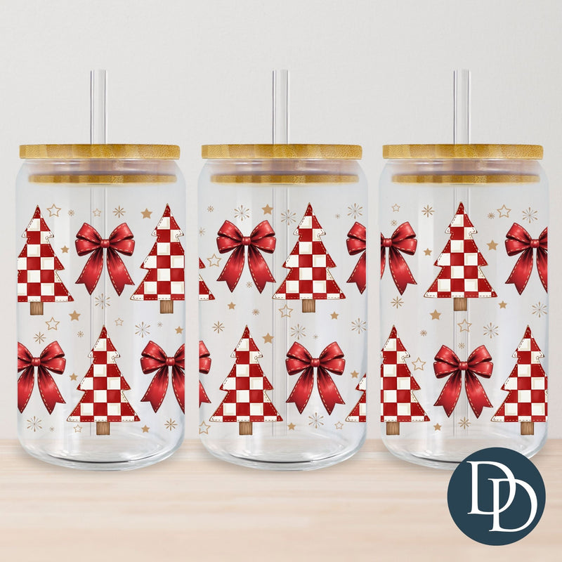 Red Checkered Christmas Trees And Bows *UV DTF Cup Wrap*