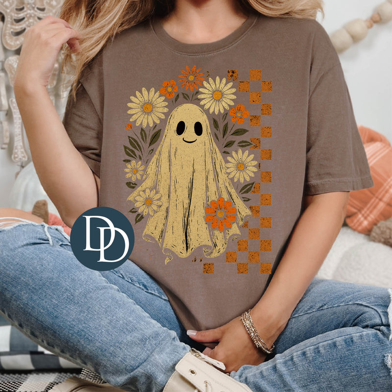 OVERSIZED Retro Checkered Floral Ghost *DTF Transfer*