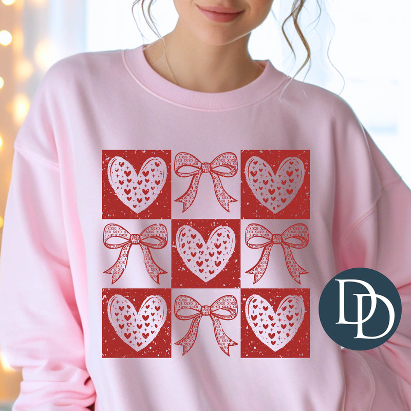 Retro Checkered Valentines Hearts And Bows (Red Ink) *Screen Print Transfer*