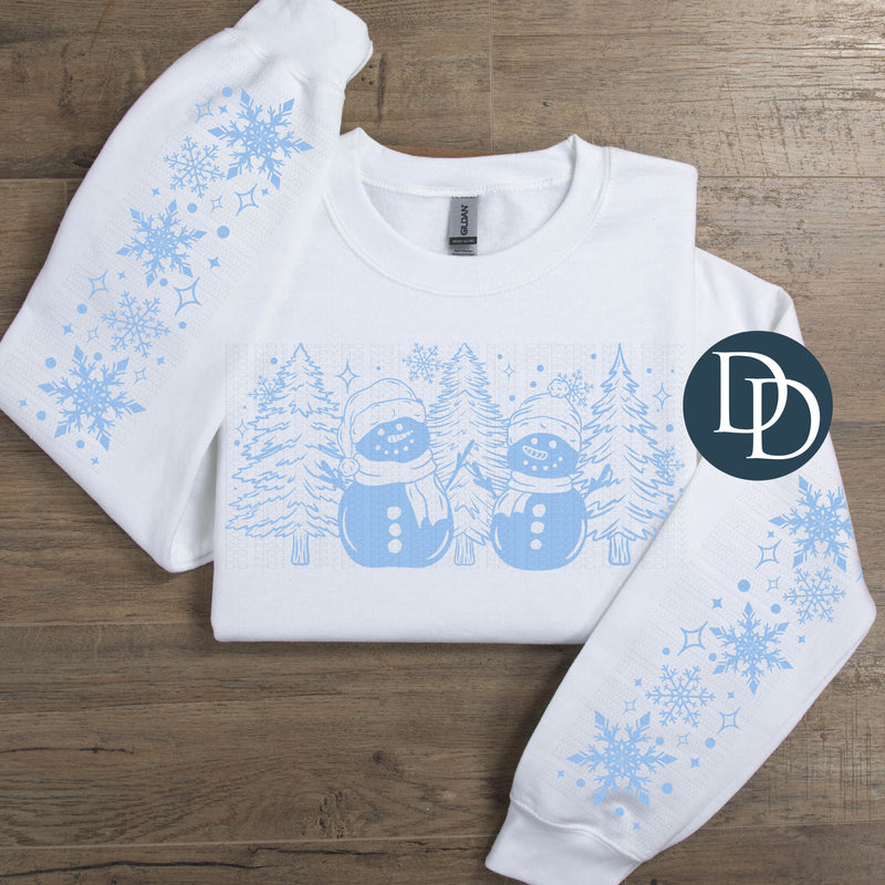 Snowmen Trees With Snowflake Sleeve Accents (Light Blue Ink) *Screen Print Transfer*