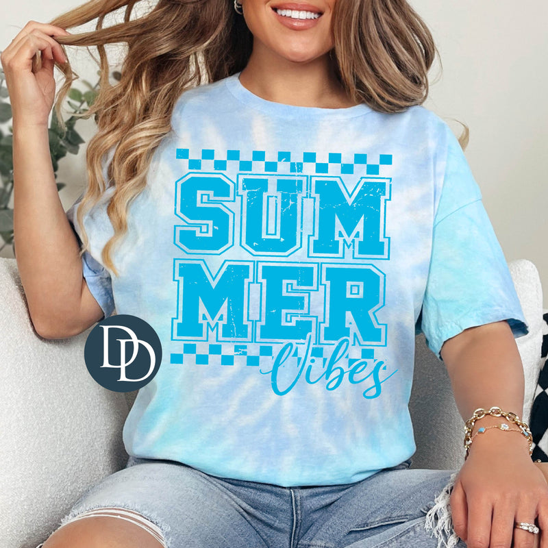 Summer Vibes Checkered Script (Bright Blue Ink) *Screen Print Transfer*