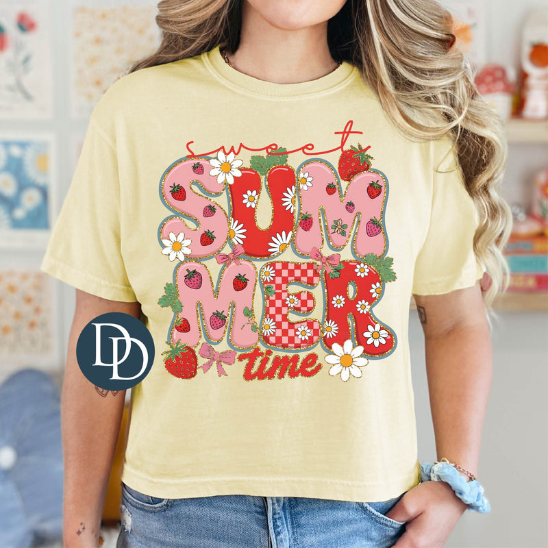 Sweet Summer Time Faux Glitter Strawberry Florals *DTF Transfer*