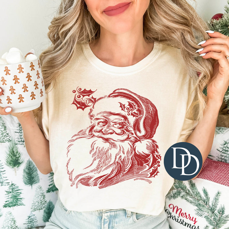 Traditional Santa Head And Holly (Red Ink) *Screen Print Transfer*