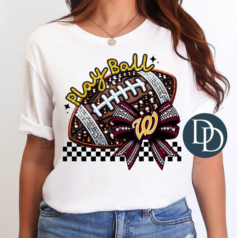 WC Faux Rhinestone Football Bow *DTF Transfer*