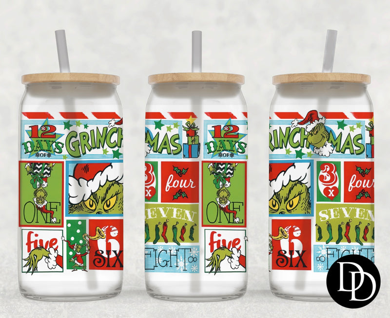 12 days of Grinchmas 16 oz Frosted Glass Can